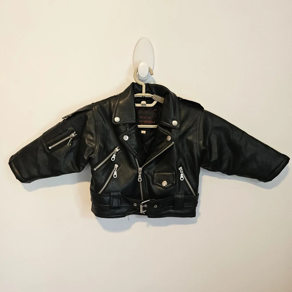 Black Faux Leather Biker Moto Jacket Size 3T Belted Girls Boys